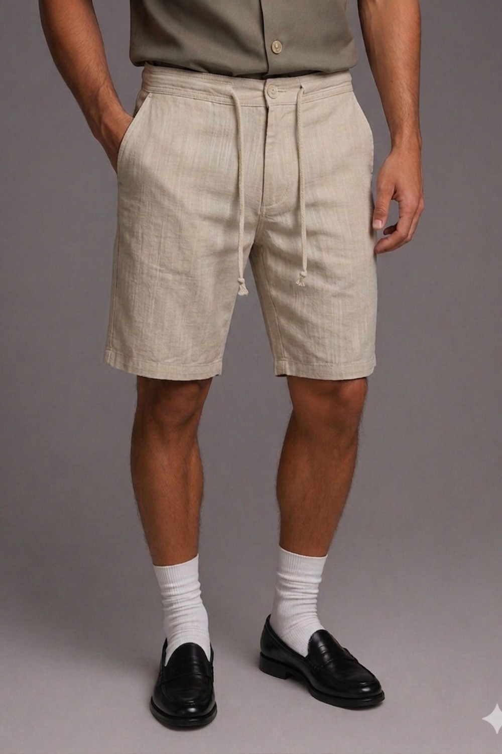Tarz Cool Erkek %100 Pamuk Linen Şort, Bağcıklı Rahat Kesim Yazlık Şort