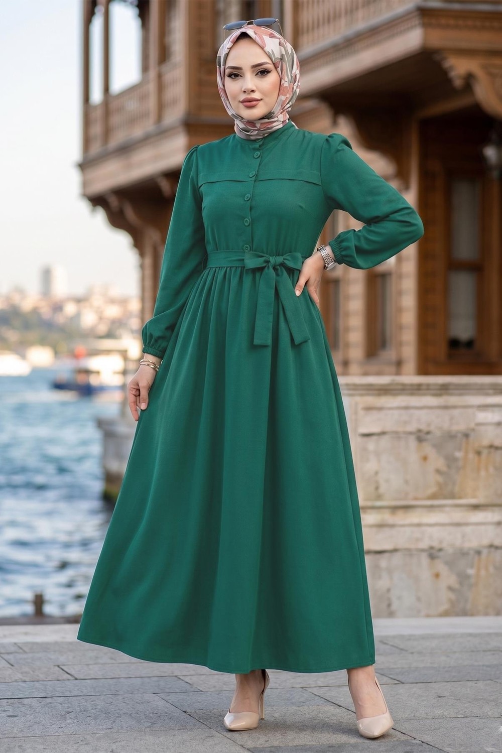 Hafsa Mina Beli Kuşaklı Terikoton Elbise Yeşil HM2908
