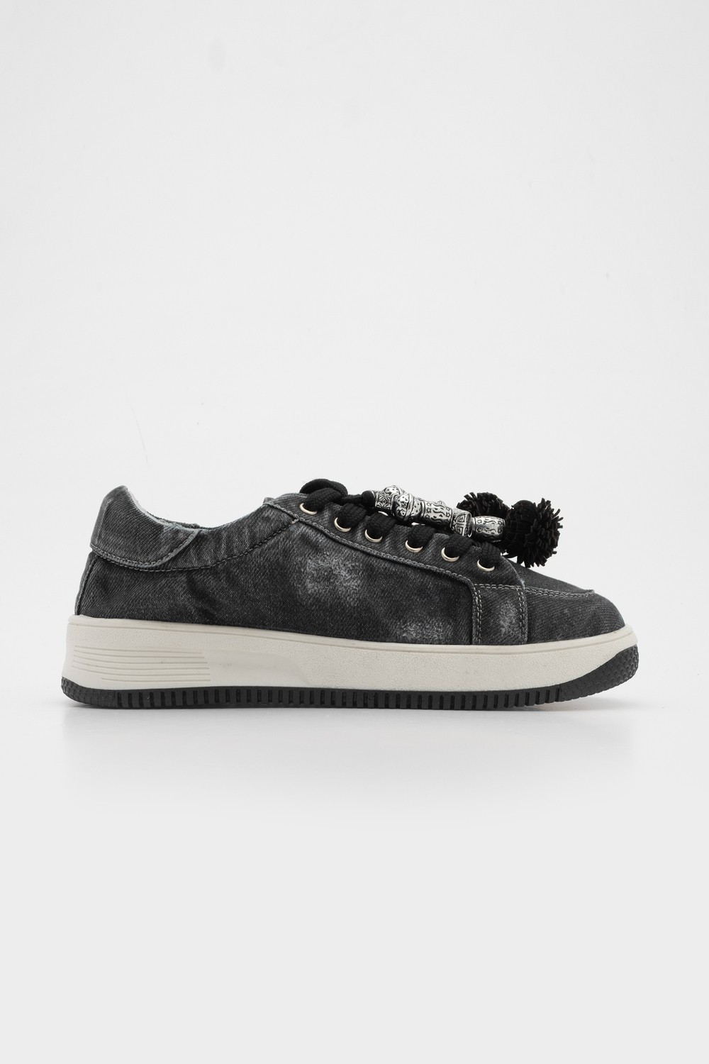 Marjin Kadın Sneaker Kalın Taban Denim Çıkarılabilir Boncuklu Tokalı Spor Ayakkabı Porento Siyah Kot görsel 3