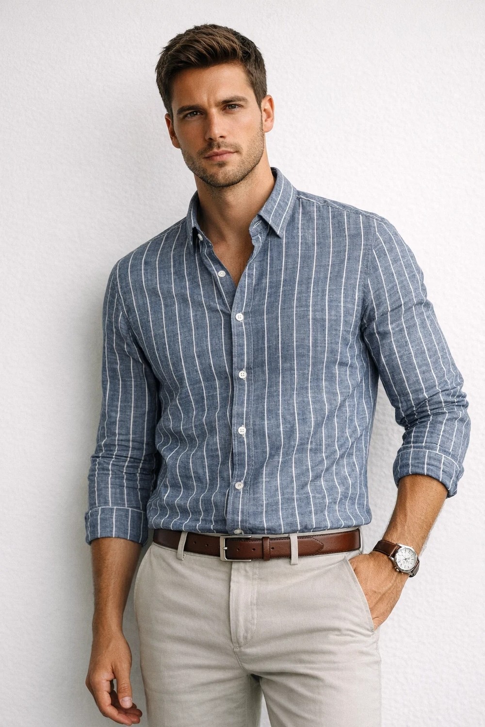 Polo State Erkek Regular Fit Indigo Çizgili Keten Görünümlü Gömlek