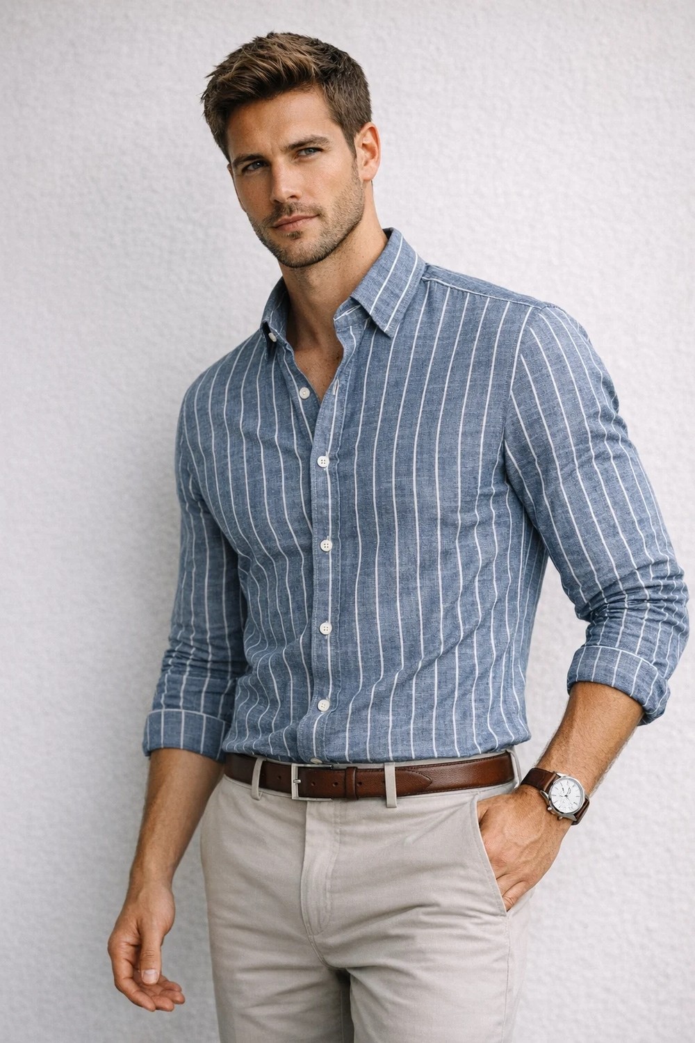 Polo State Erkek Regular Fit Indigo Çizgili Keten Görünümlü Gömlek görsel 7