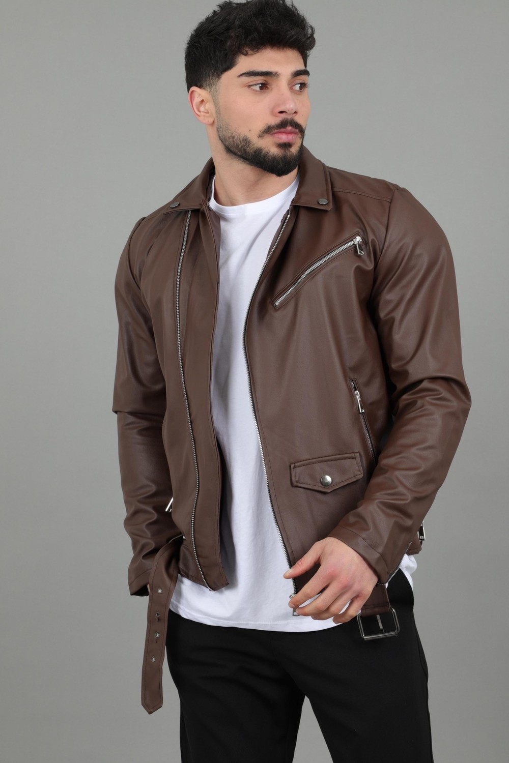 Stil Kombin Kuzey Beli Kemerli Suni Deri Ceket Erkek Slim Fit Siyah Polyester Düz Desenli