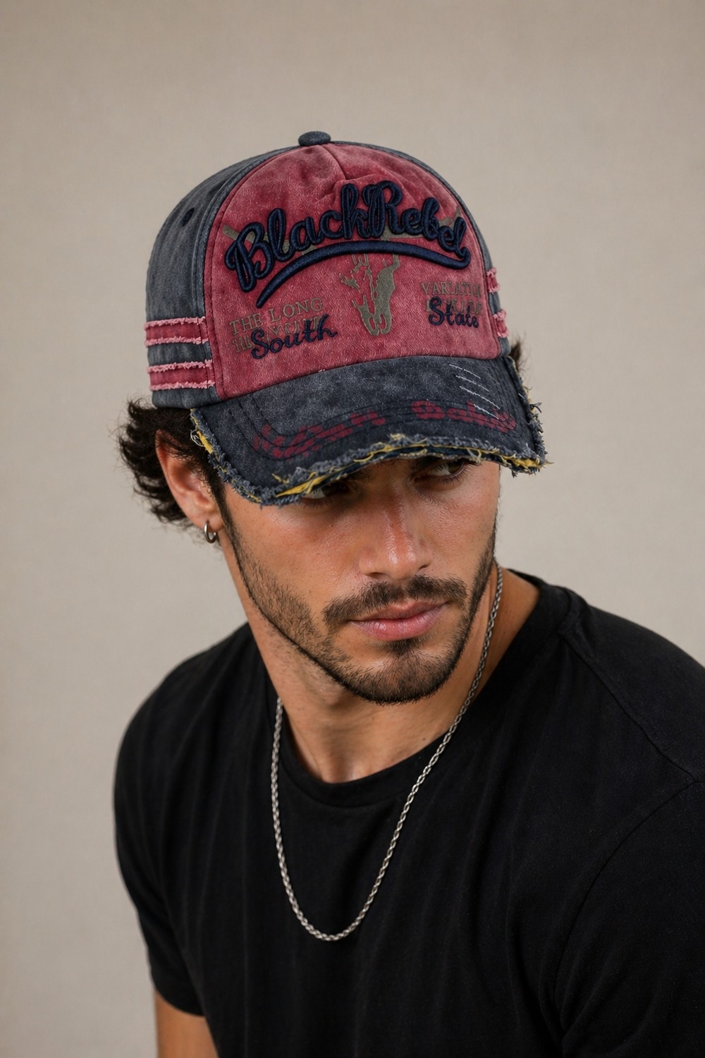 CosmoOutlet Erkek Vintage Eskitme Şapka Black Rebel Nakışlı Ayarlanabilir Tokalı Baseball Cap görsel 2
