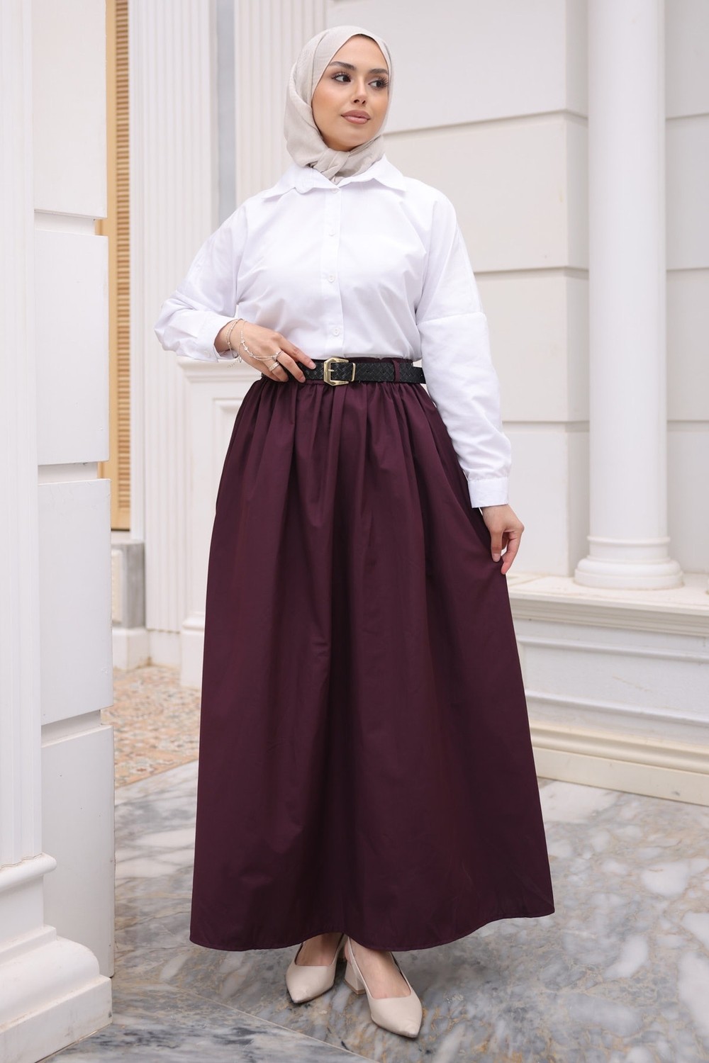 İmaj Butik Lacivert Kemerli Cepli Polin Etek