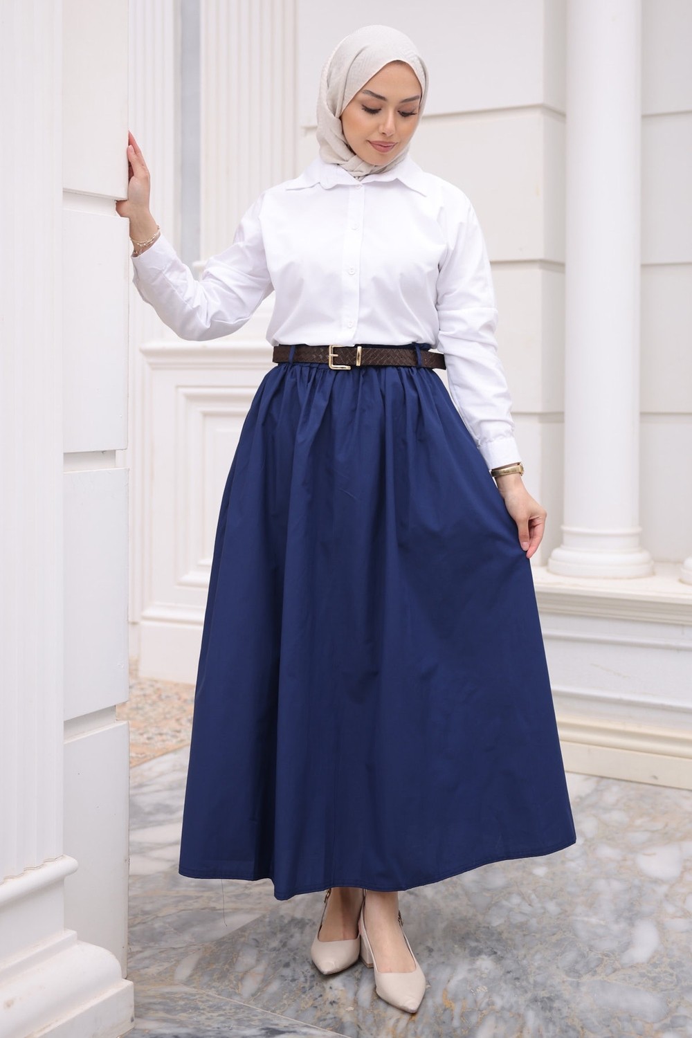 İmaj Butik Lacivert Kemerli Cepli Polin Etek görsel 7