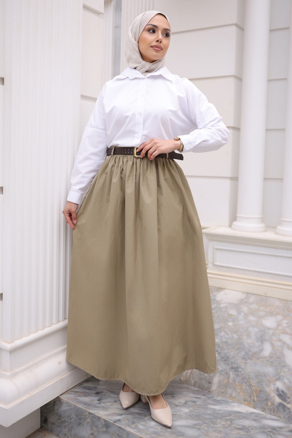 İmaj Butik Lacivert Kemerli Cepli Polin Etek