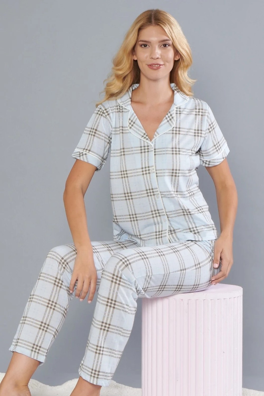 Flz Kadın Ekose Pijama Takımı, Boydan Düğmeli Rahat Ev Giyim Takımı | Flz 88-133 görsel 4