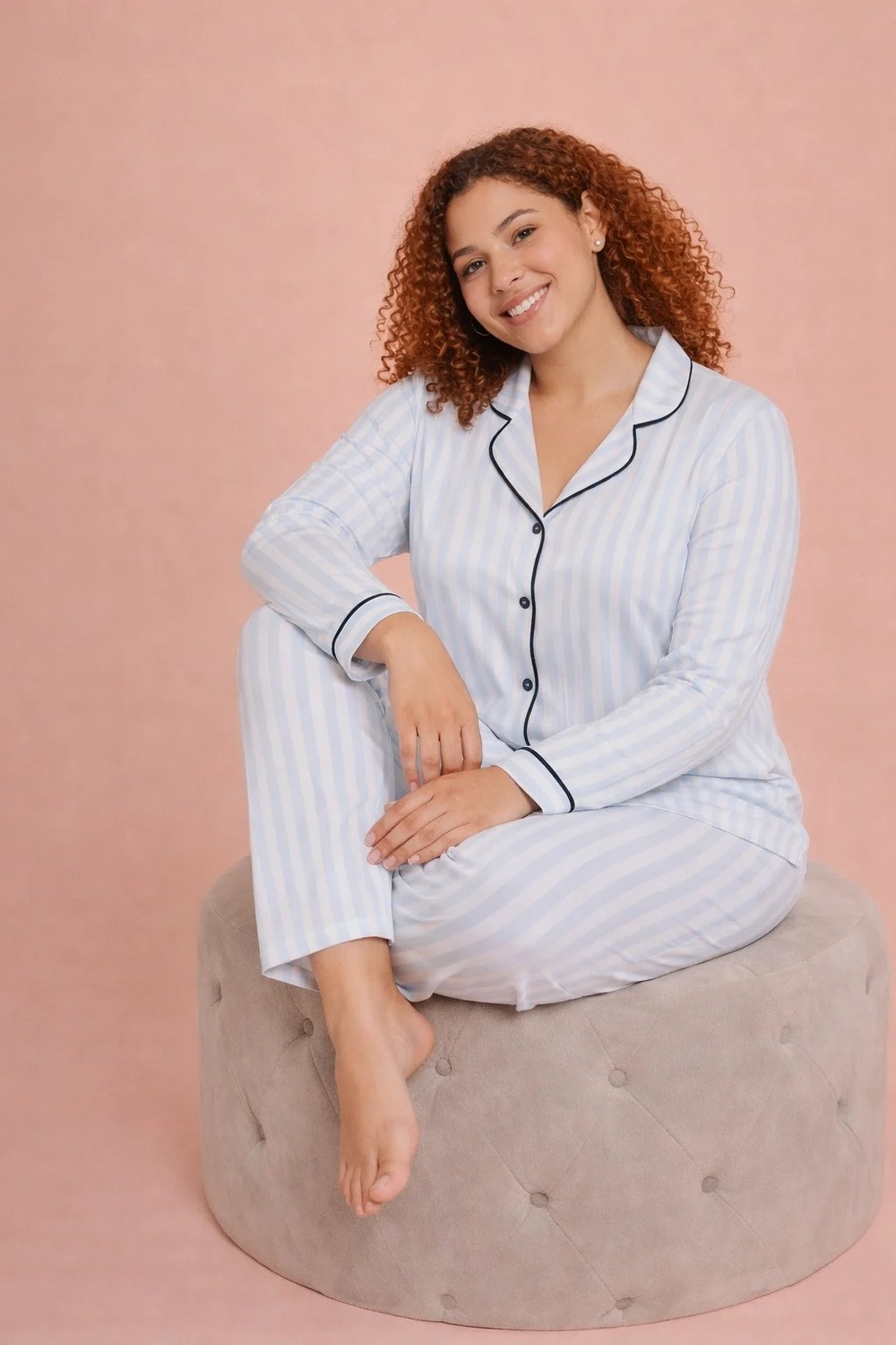 Alperi Büyük Beden Kadın Pijama Takımı Çizgili Boydan Düğmeli Rahat (3xl-6xl) B790-46