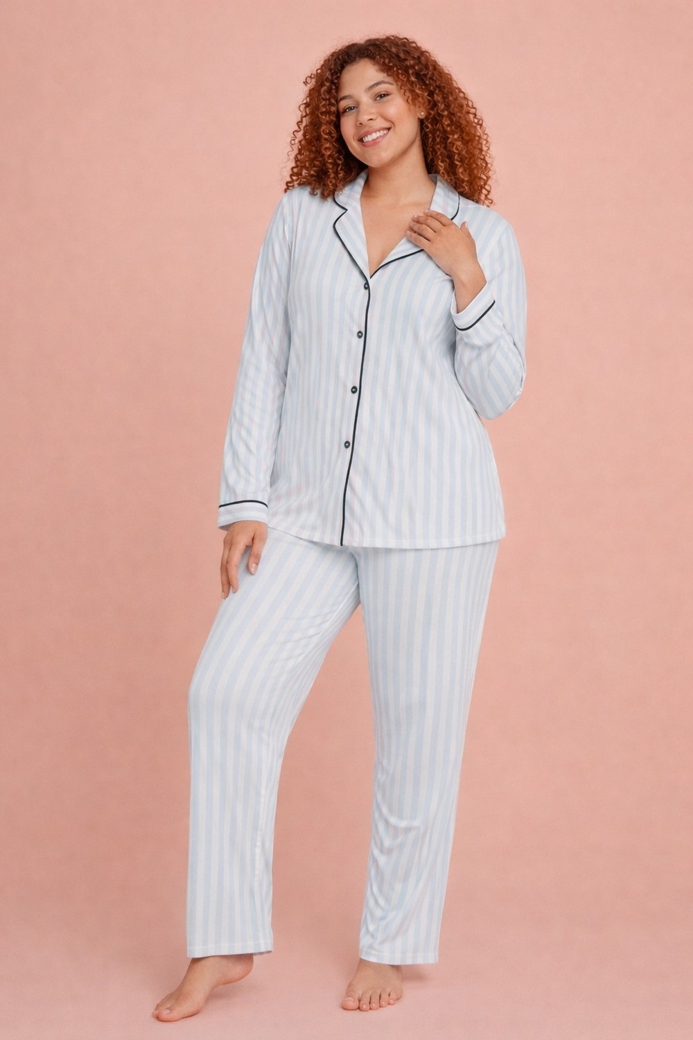 Alperi Büyük Beden Kadın Pijama Takımı Çizgili Boydan Düğmeli Rahat (3xl-6xl) B790-46 görsel 3