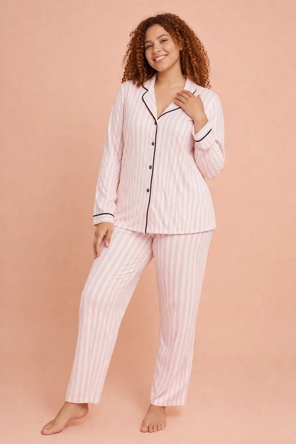 Alperi Büyük Beden Kadın Pijama Takımı Çizgili Boydan Düğmeli Rahat (3xl-6xl) B790-46 görsel 7