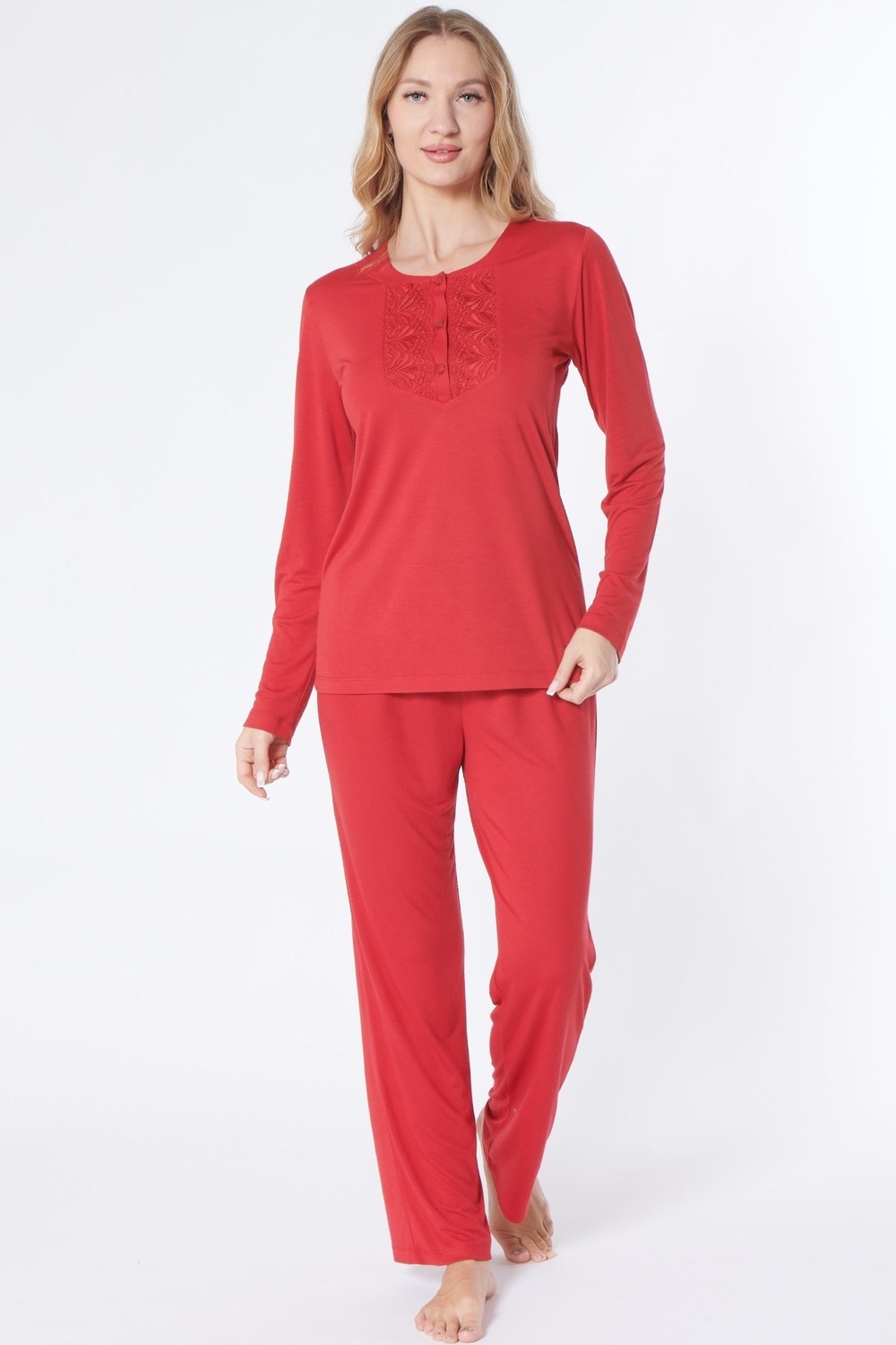 Flz Dantel Detaylı Viskon Kadın Pijama Takımı Uzun Kollu Rahat Ev Giyim Flz 89-136