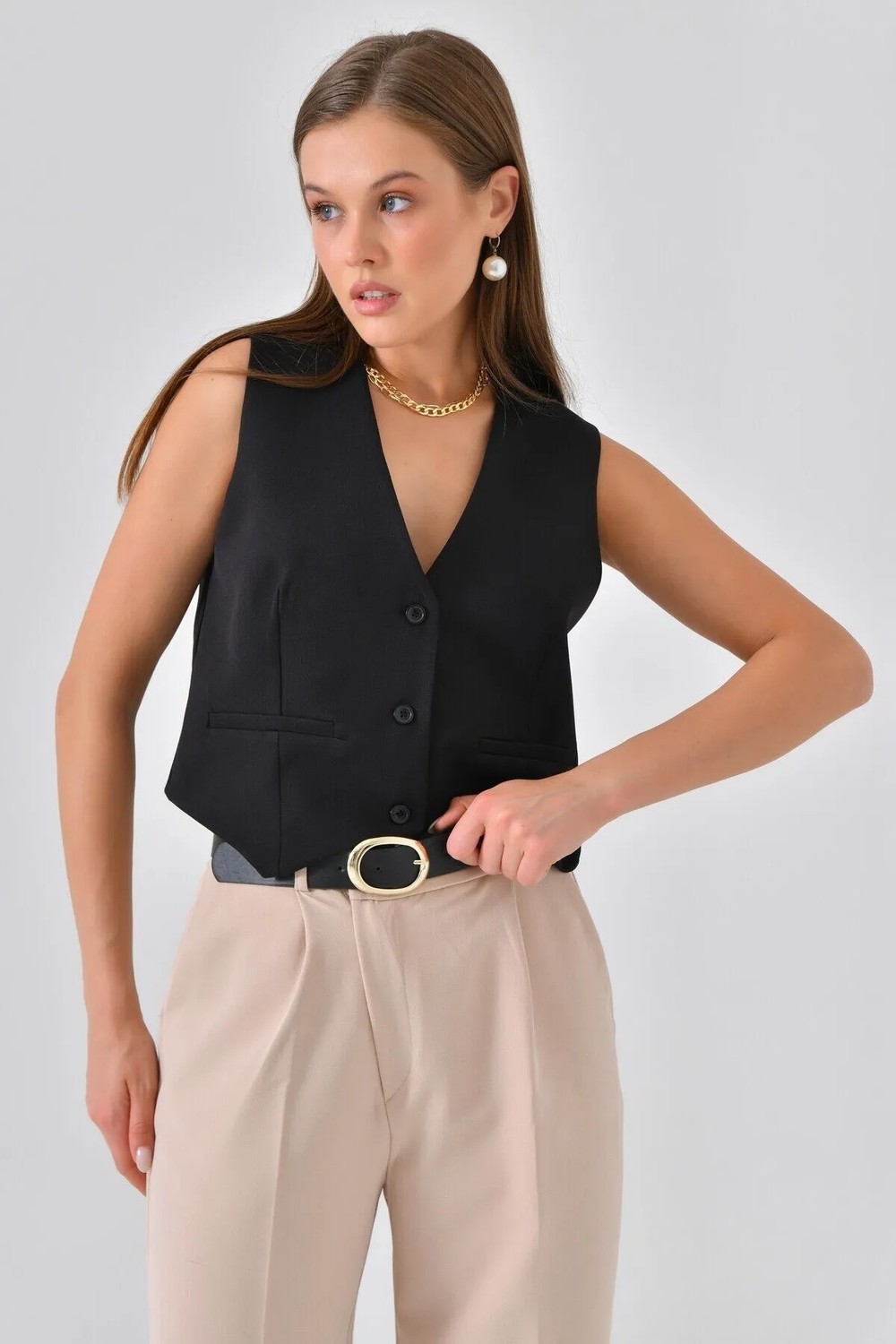 Saade Kadın Siyah Yelek 3 Düğme Kapama ve Cep Detaylı Astarlı Modern Stil görsel 6
