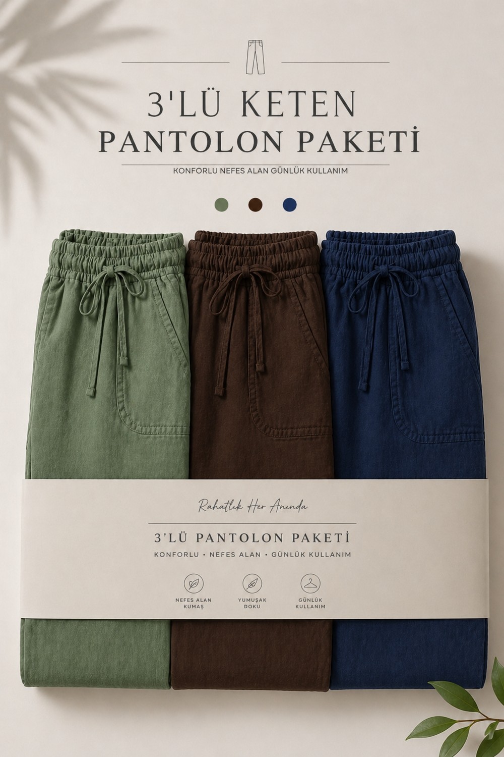Damga 3 Adet Erkek Premium Yazlık Jogger Keten Pantolon