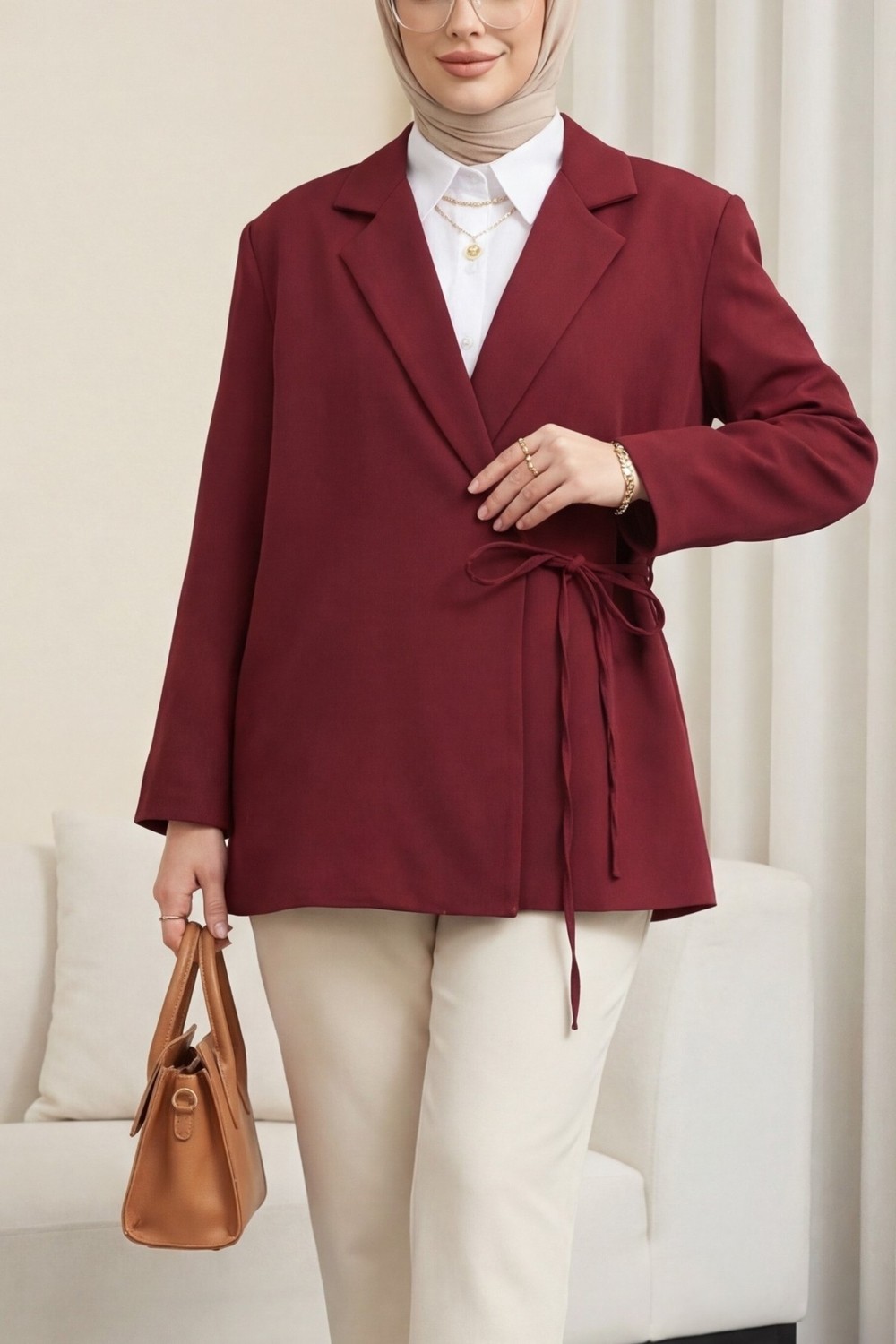 Moda Morfo Yandan Bağcıklı Arkası Yırtmaçlı Astarlı Double Krep Ceket -Siyah