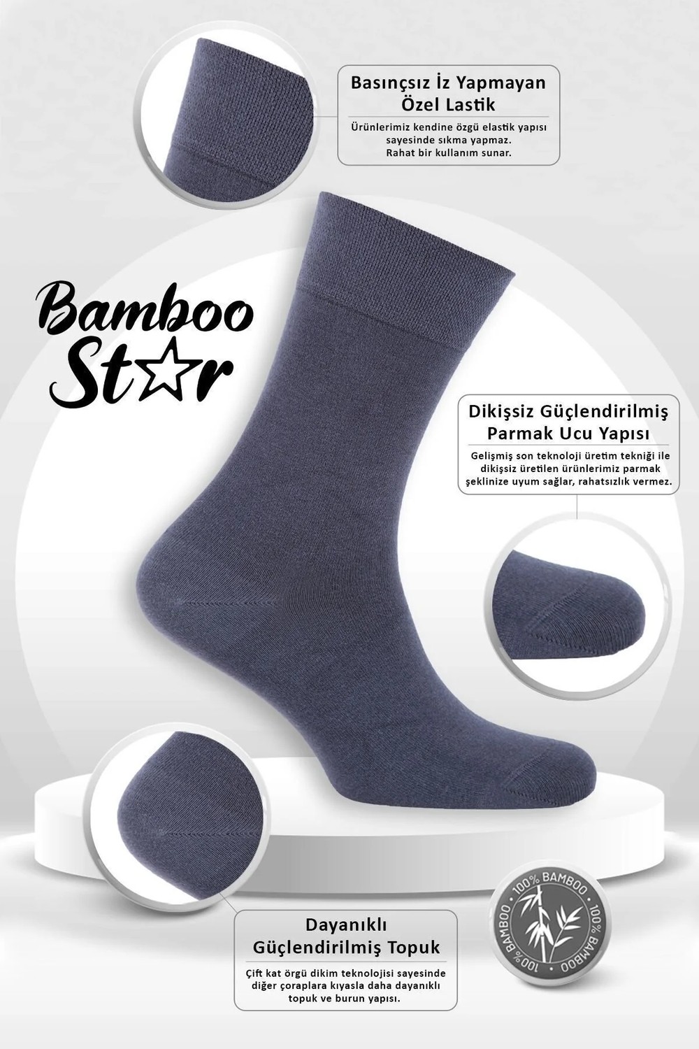 Bamboo Star Bambu Erkek Soket Uzun Düz Siyah Dikişsiz 6'lı Premium Kutulu Çorap görsel 2