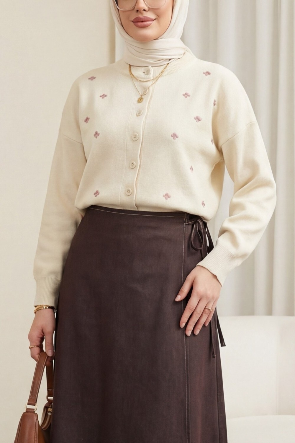 Moda Morfo Serpme Çiçek Nakışlı Düğmeli Oversize Triko Hırka -Krem görsel 4