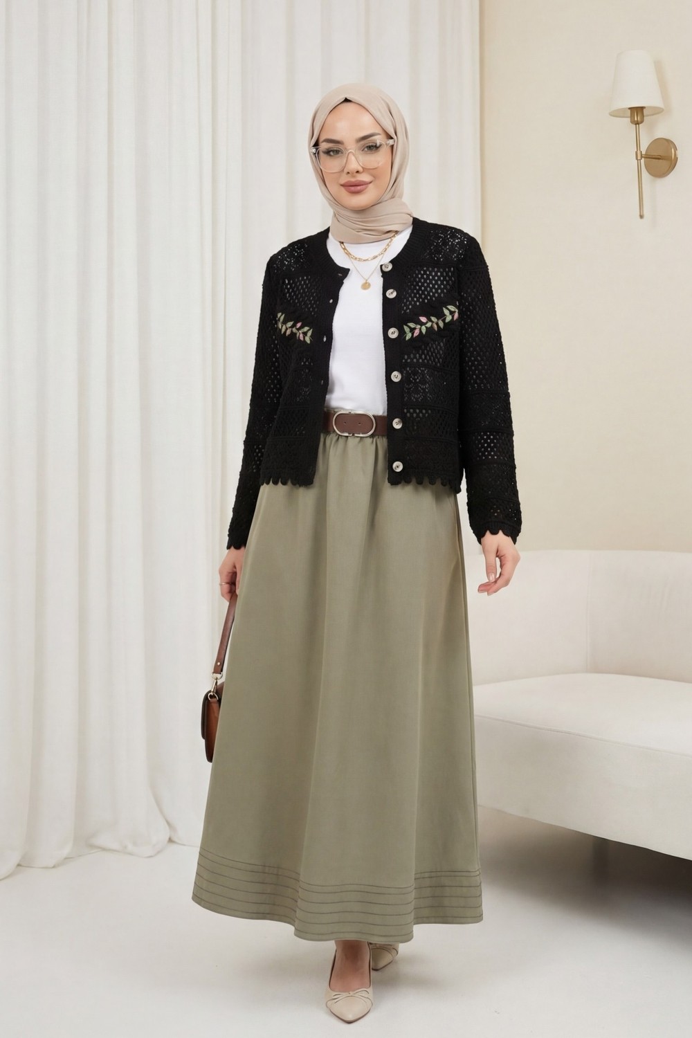 Moda Morfo Düğmeli Önü Nakışlı Ajurlu Triko Hırka -Pembe