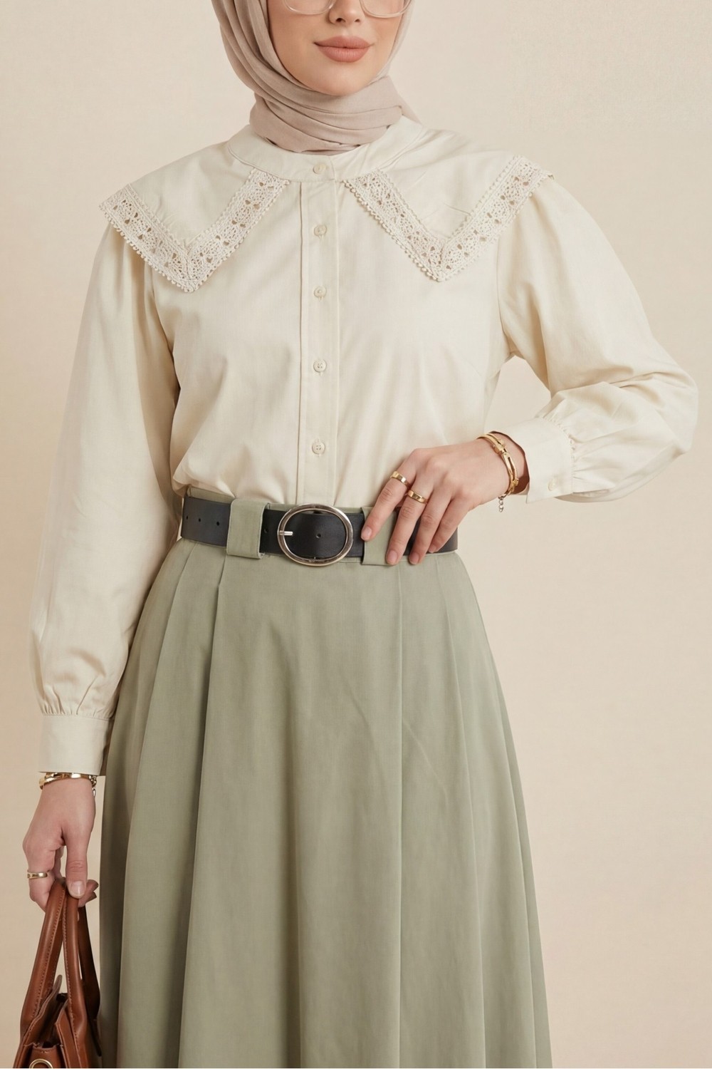 Moda Morfo Bebe Yaka Dantel Detaylı Düğmeli Poplin Gömlek -Ekru