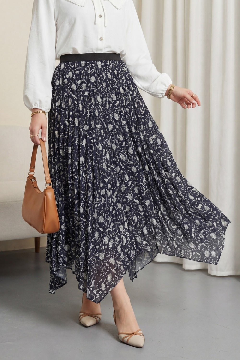 Moda Morfo Karışık Desen Beli Lastikli Asimetrik Kesim Astarlı Tül Etek -Laci