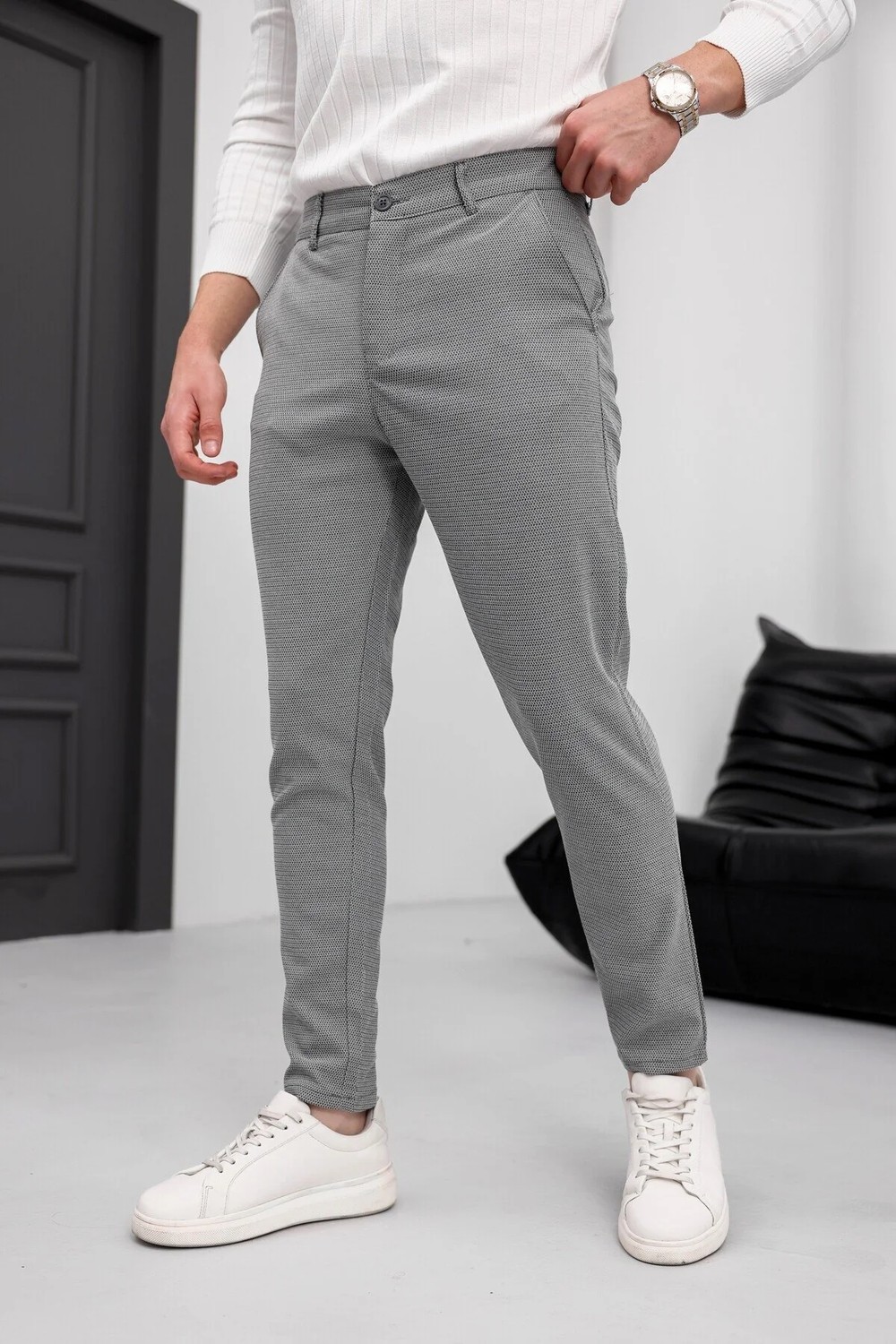 Modamesto Erkek Antrasit Slim Fit Likralı Armür Desenli Casual Pantolon