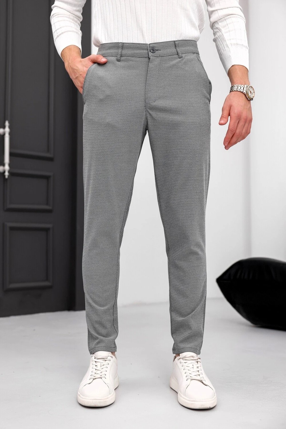 Modamesto Erkek Antrasit Slim Fit Likralı Armür Desenli Casual Pantolon görsel 2