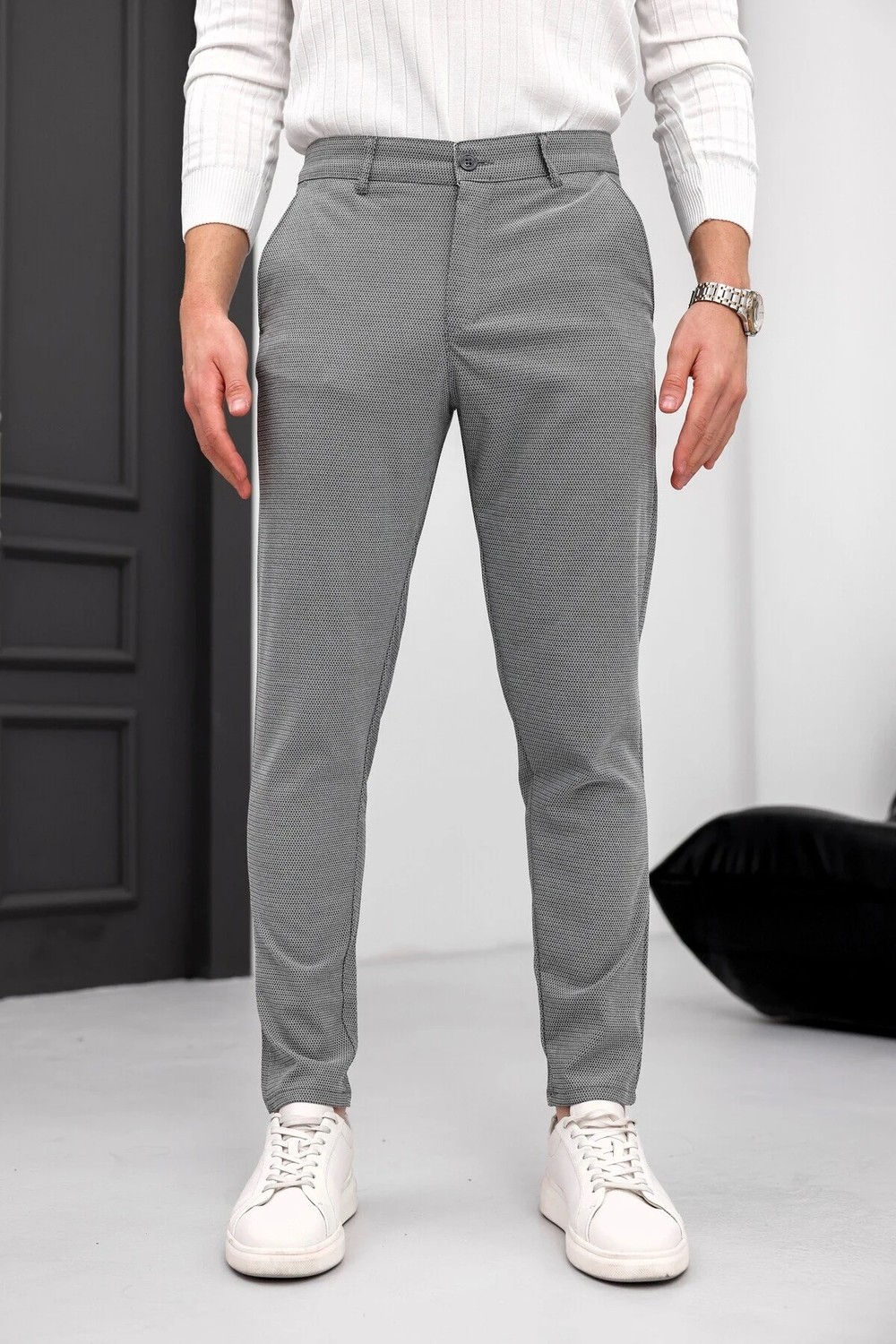 Modamesto Erkek Antrasit Slim Fit Likralı Armür Desenli Casual Pantolon görsel 3