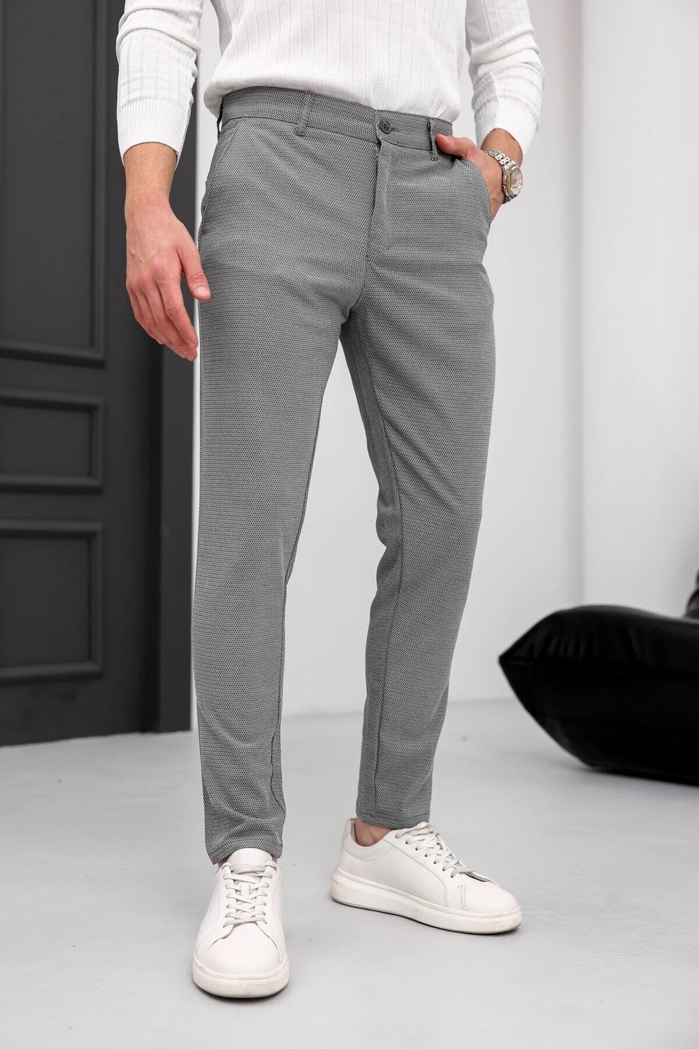 Modamesto Erkek Antrasit Slim Fit Likralı Armür Desenli Casual Pantolon görsel 4