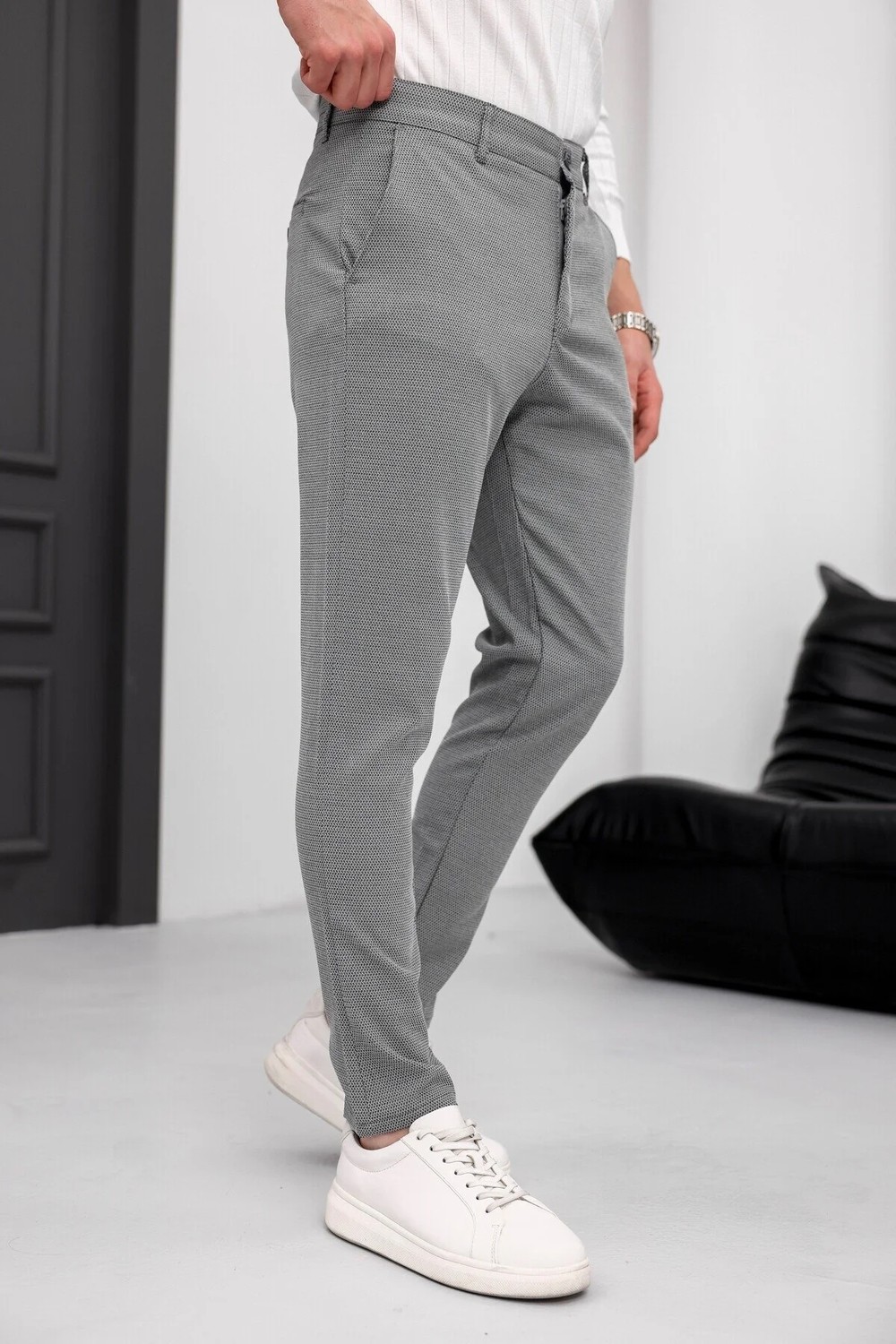Modamesto Erkek Antrasit Slim Fit Likralı Armür Desenli Casual Pantolon görsel 5
