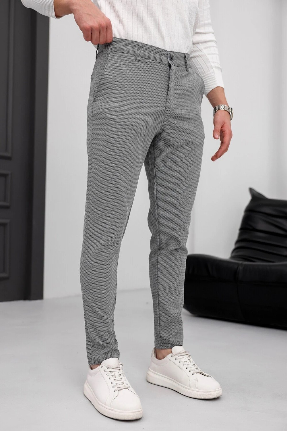 Modamesto Erkek Antrasit Slim Fit Likralı Armür Desenli Casual Pantolon görsel 6