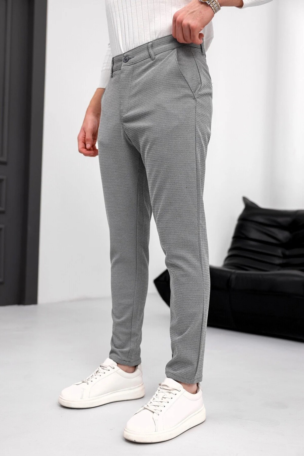 Modamesto Erkek Antrasit Slim Fit Likralı Armür Desenli Casual Pantolon görsel 7