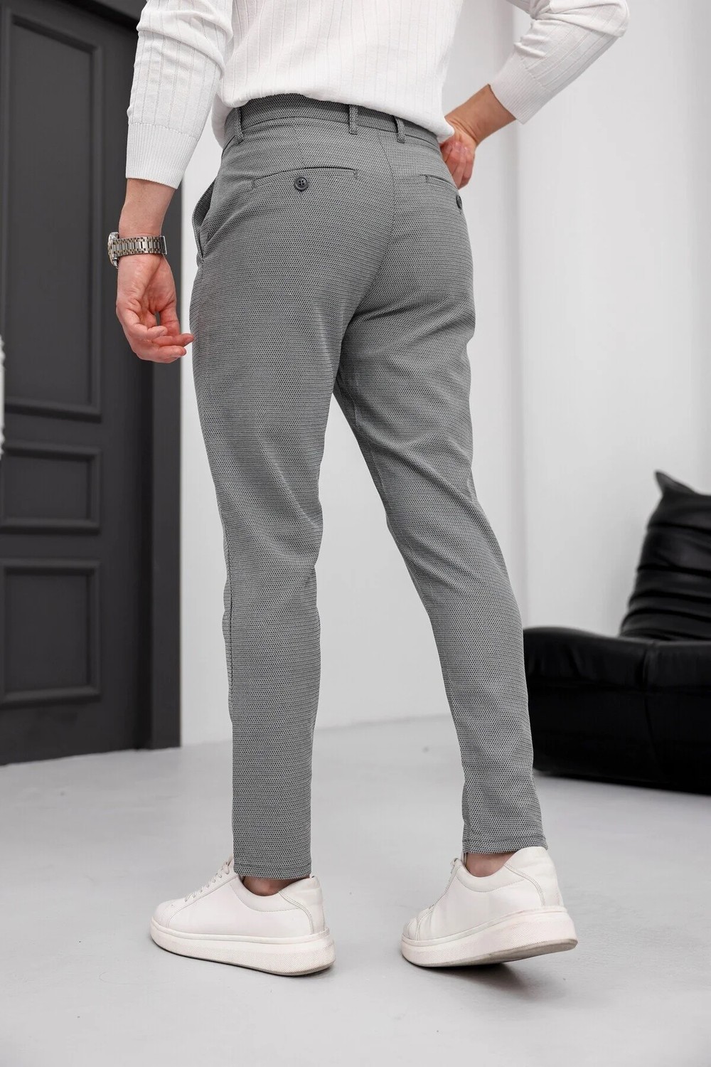 Modamesto Erkek Antrasit Slim Fit Likralı Armür Desenli Casual Pantolon görsel 8
