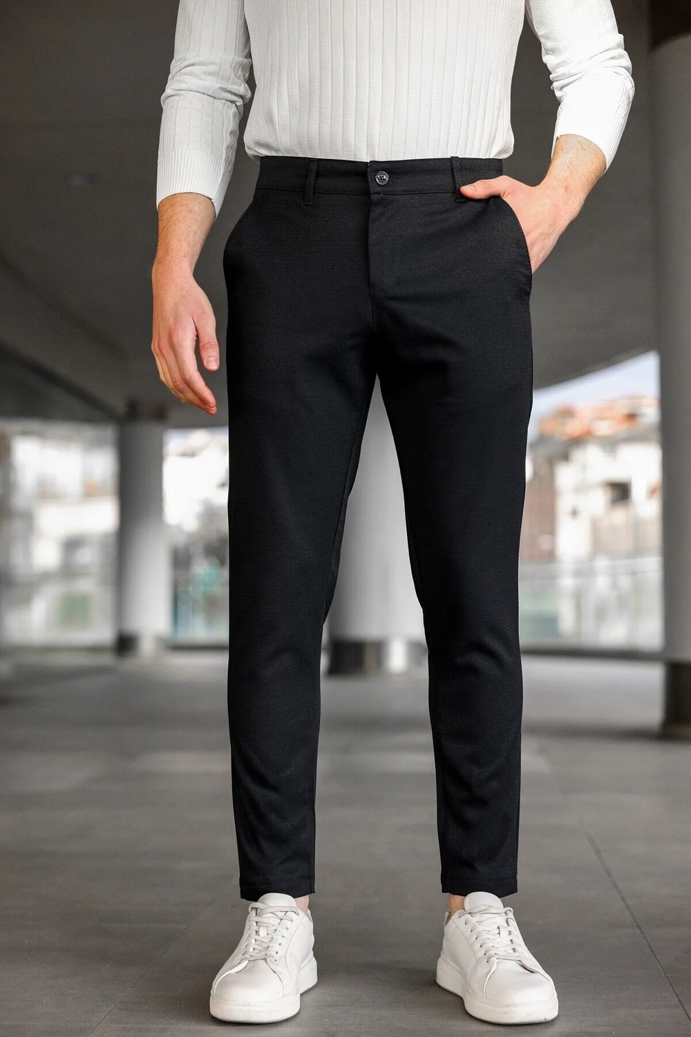 Ser Joven Erkek Siyah Slim Fit Likralı Armür Desenli Casual Pantolon görsel 7