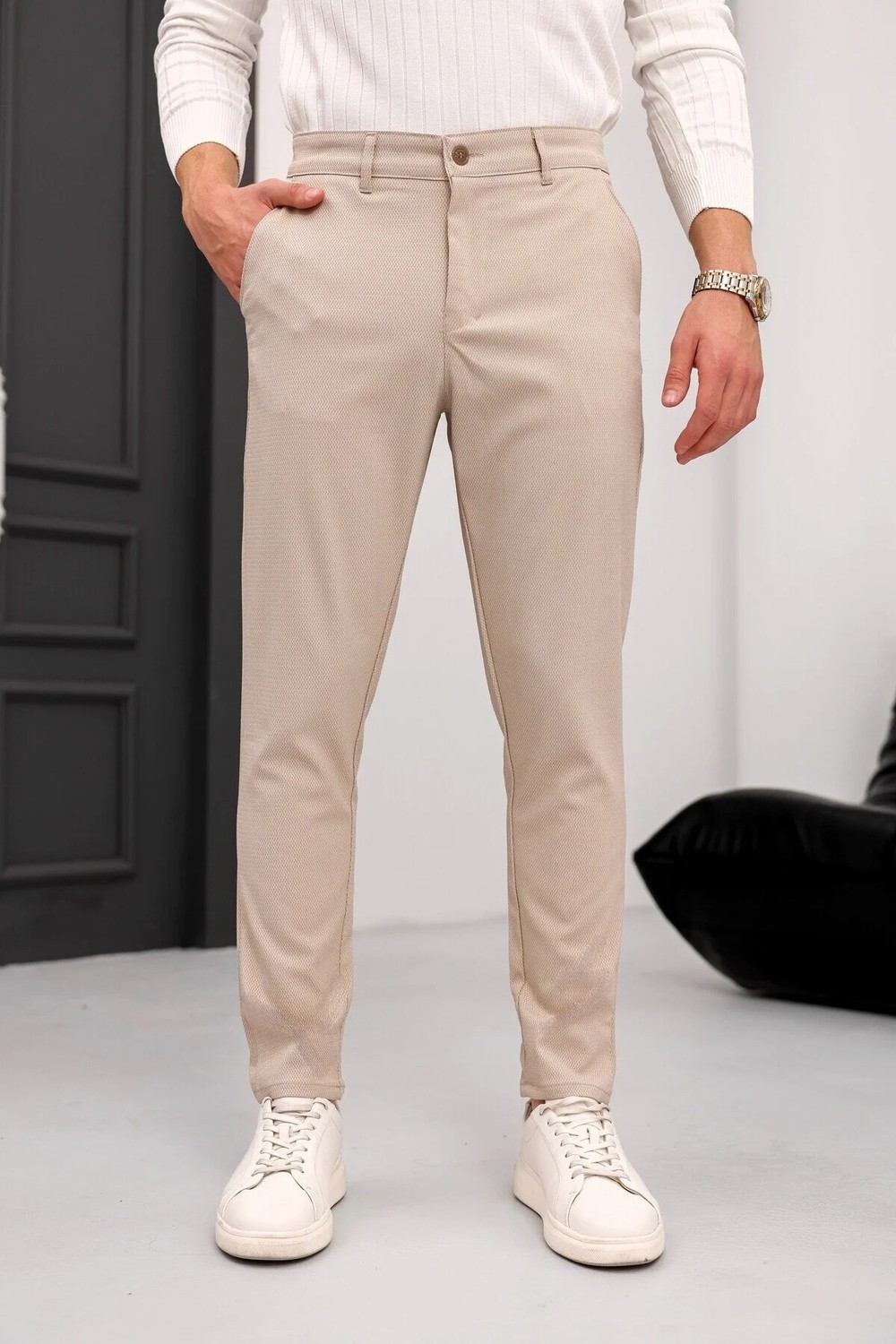 Modamesto Erkek Antrasit Slim Fit Likralı Armür Desenli Casual Pantolon
