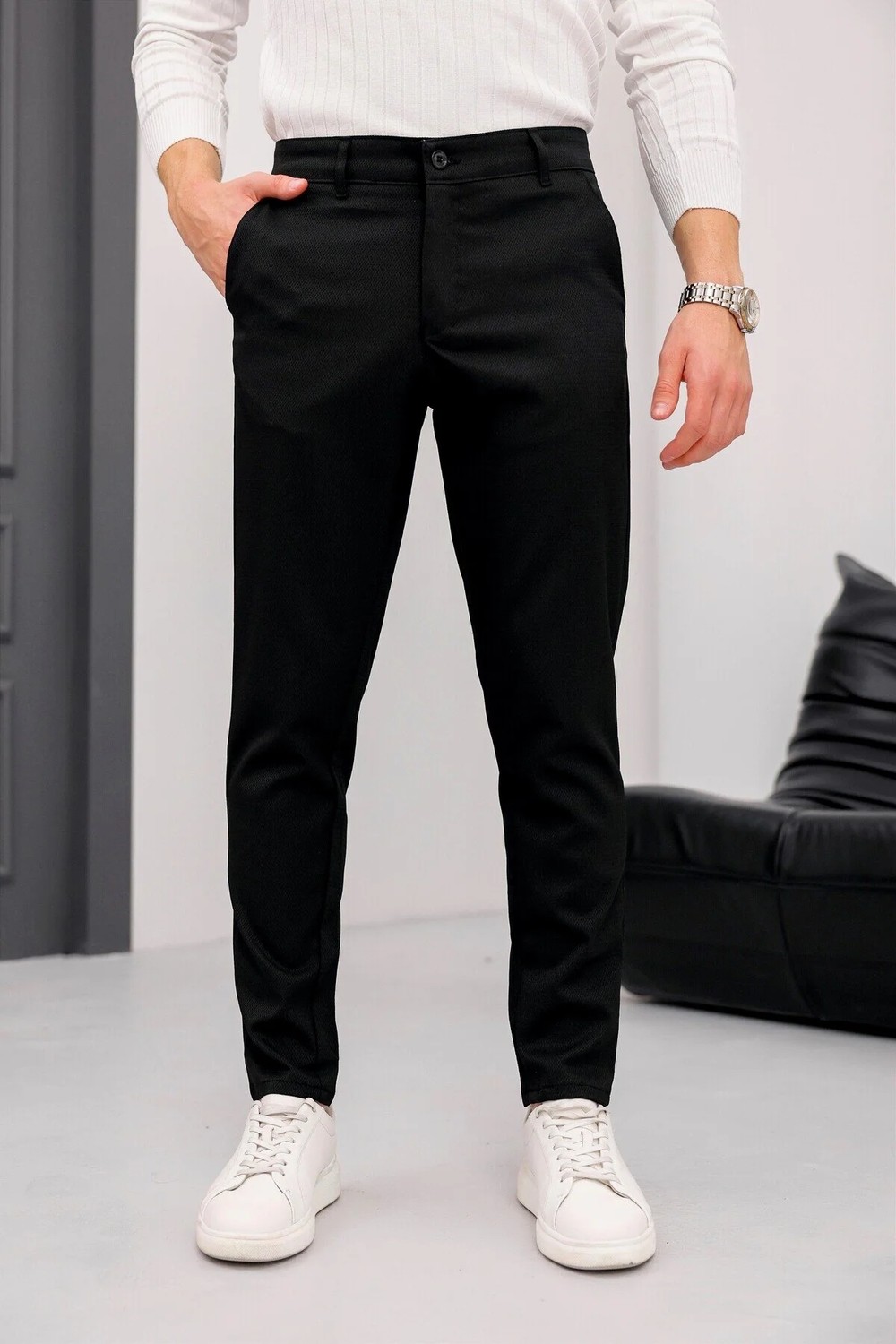 Modamesto Erkek Antrasit Slim Fit Likralı Armür Desenli Casual Pantolon