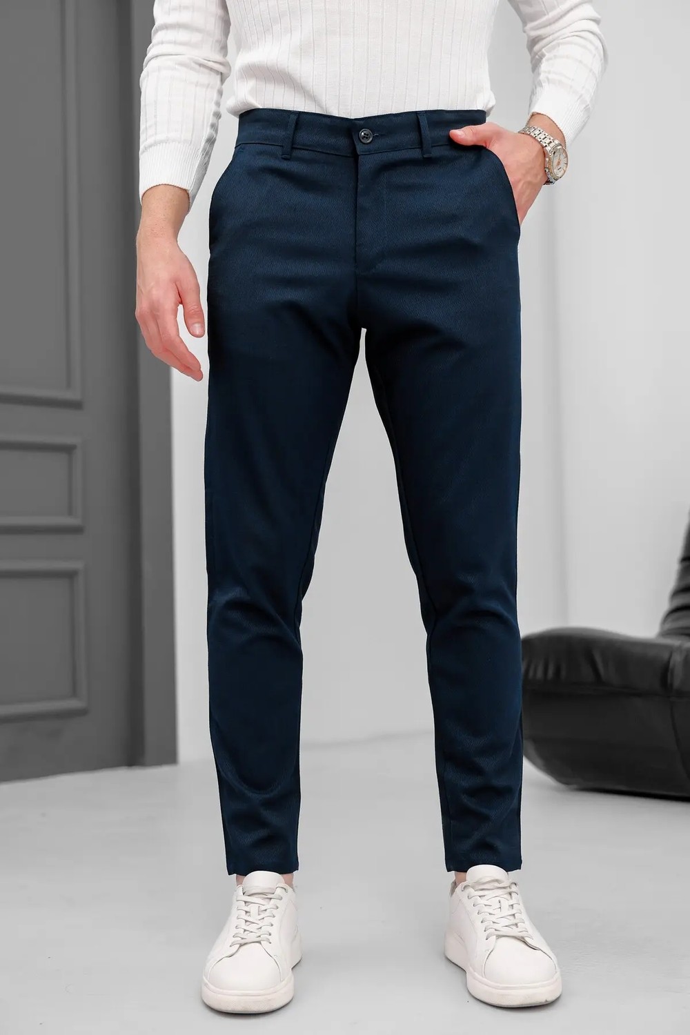 Modamesto Erkek Antrasit Slim Fit Likralı Armür Desenli Casual Pantolon