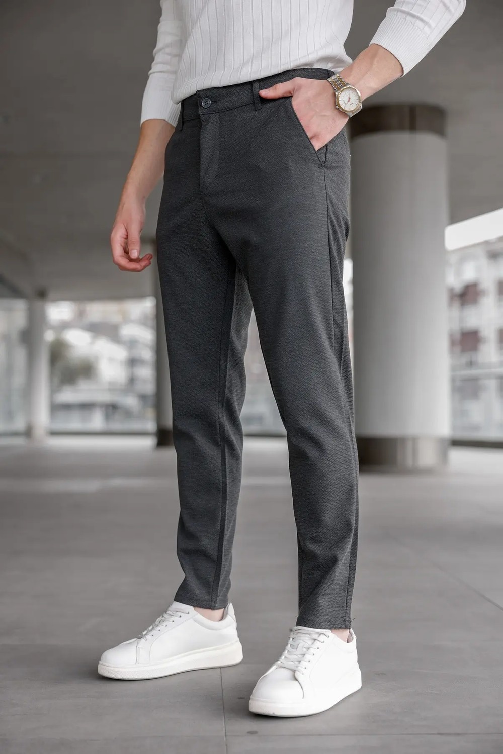 Ser Joven Erkek Siyah Slim Fit Likralı Armür Desenli Casual Pantolon
