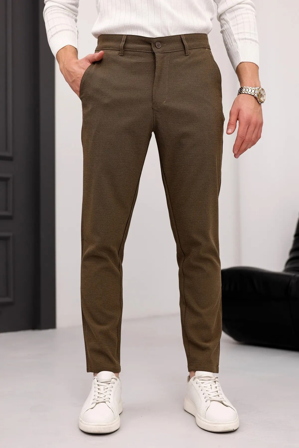 Modamesto Erkek Antrasit Slim Fit Likralı Armür Desenli Casual Pantolon