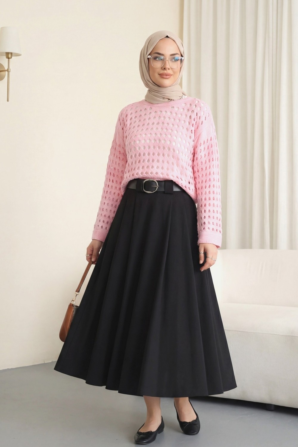 Moda Morfo Kayık Yaka Ajurlu Triko Kazak -Bordo görsel 7