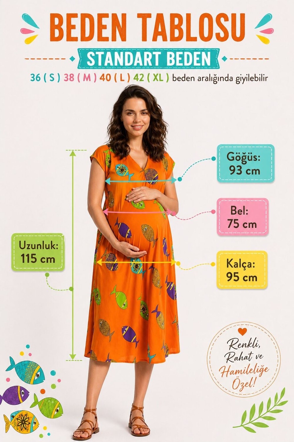 Park Moda Kadın Viskon Hamile Elbisesi Turuncu Balık Desenli Yazlık Günlük Elbise görsel 5