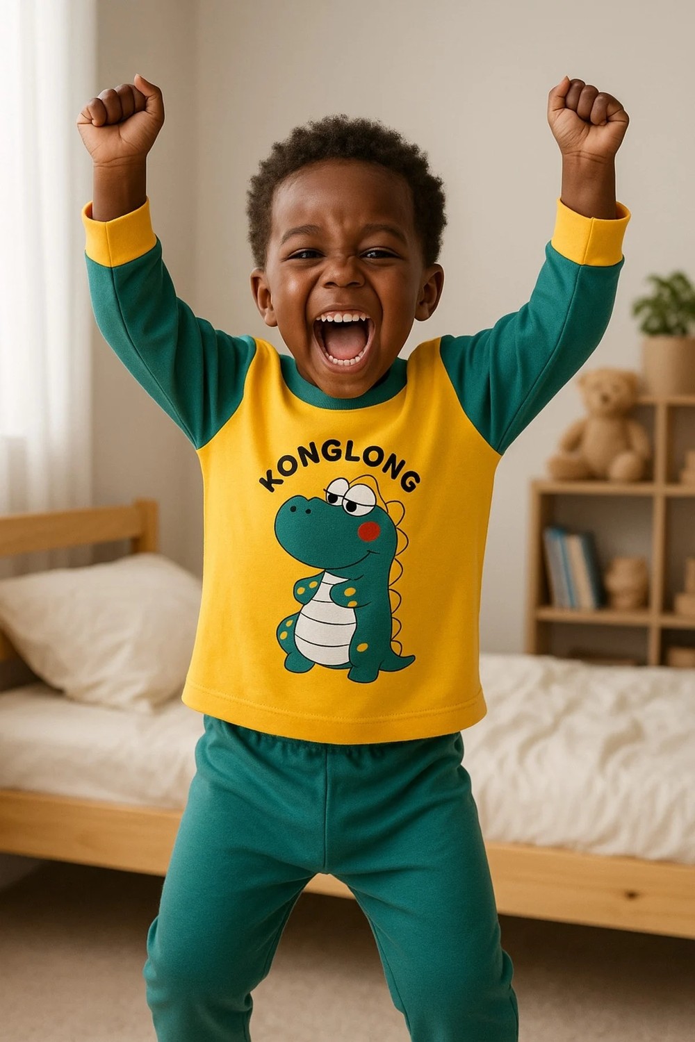 Aden Kids Erkek Çocuk Dinozor Baskılı Pamuklu Penye Pijama Takımı 0-5 Yaş, Mevsimlik, Günlük Kullanıma Uygun