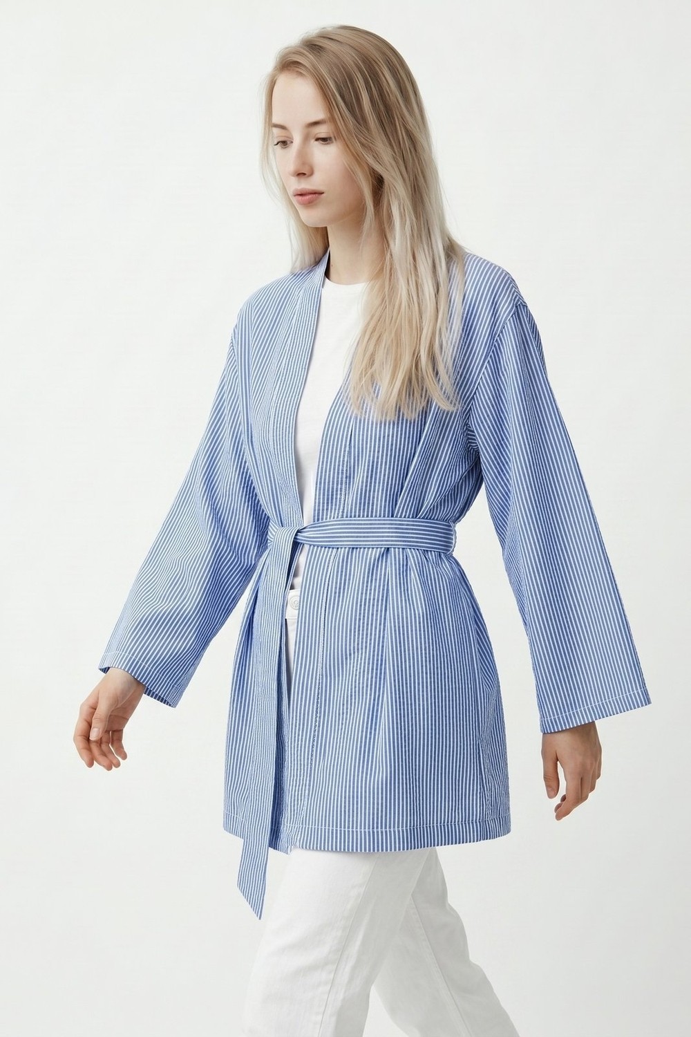 Saade Kırmızı Kadın Dikey Çizgili Geniş Kollu Şık Yazlık Relaxed Kimono