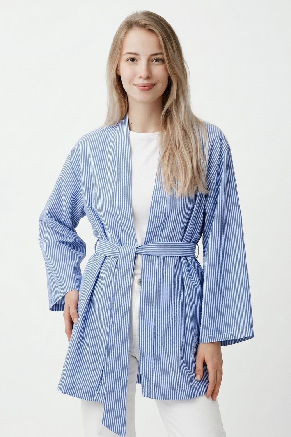 Saade Kırmızı Kadın Dikey Çizgili Geniş Kollu Şık Yazlık Relaxed Kimono görsel 3