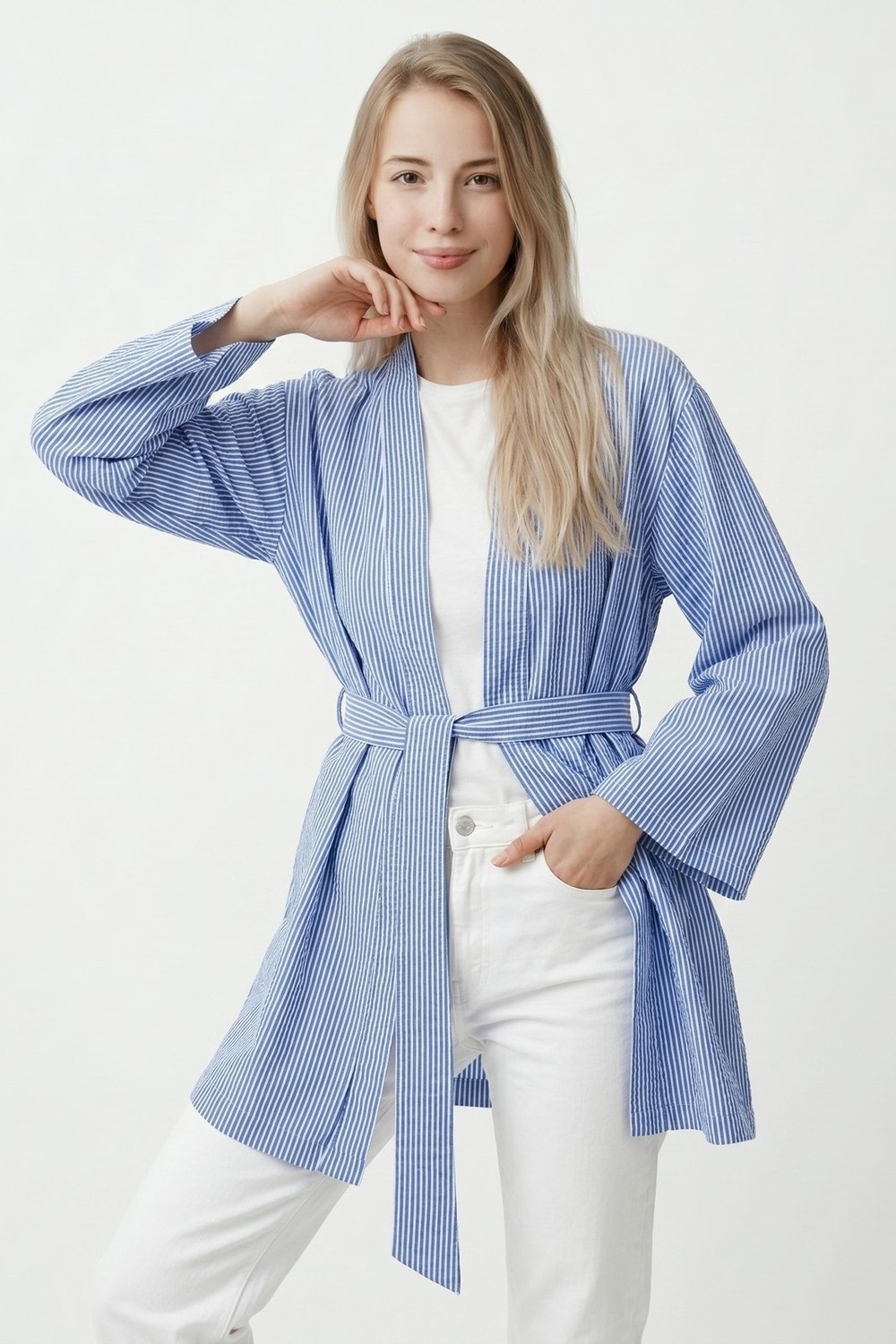 Saade Kırmızı Kadın Dikey Çizgili Geniş Kollu Şık Yazlık Relaxed Kimono görsel 4