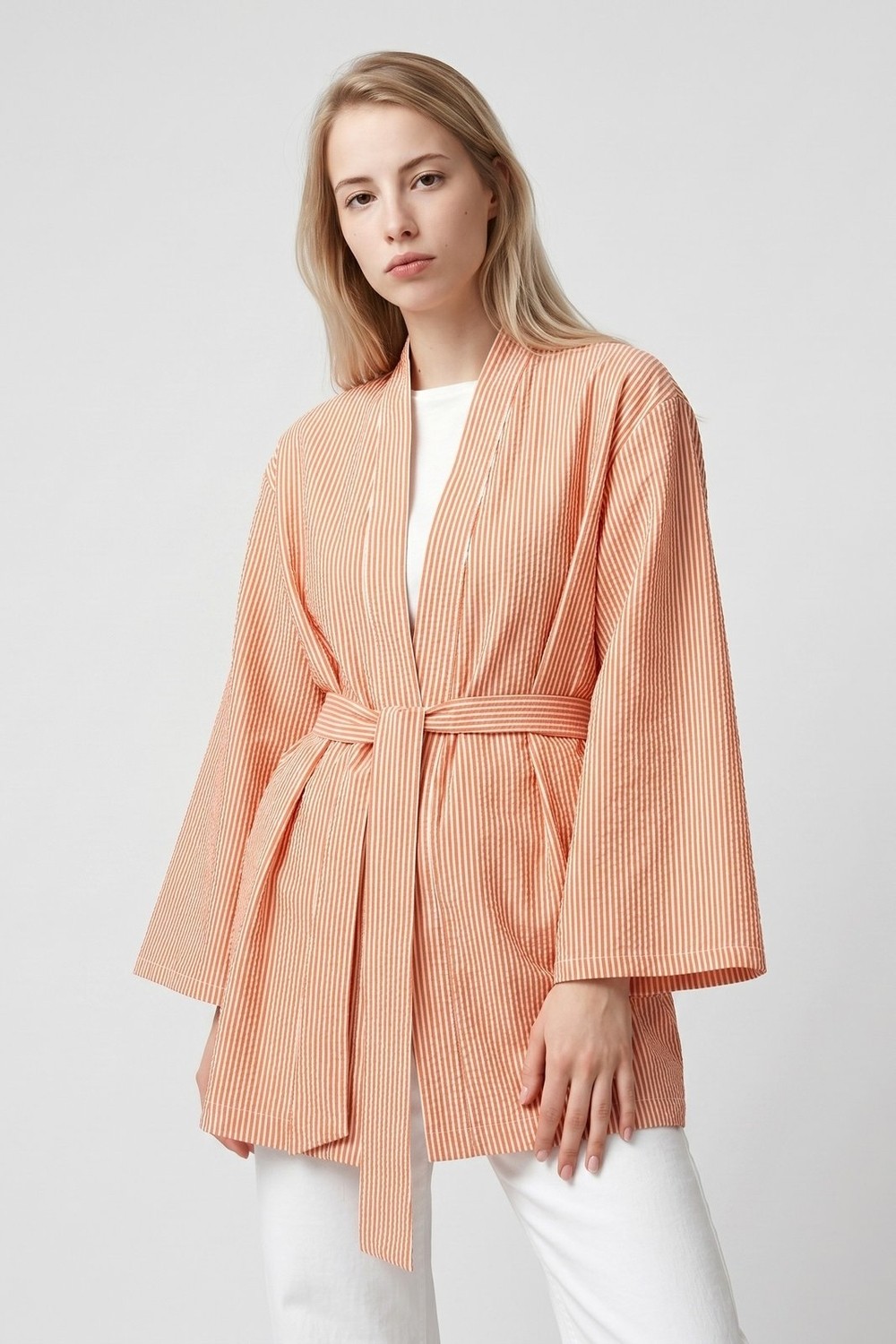 Saade Kırmızı Kadın Dikey Çizgili Geniş Kollu Şık Yazlık Relaxed Kimono görsel 6
