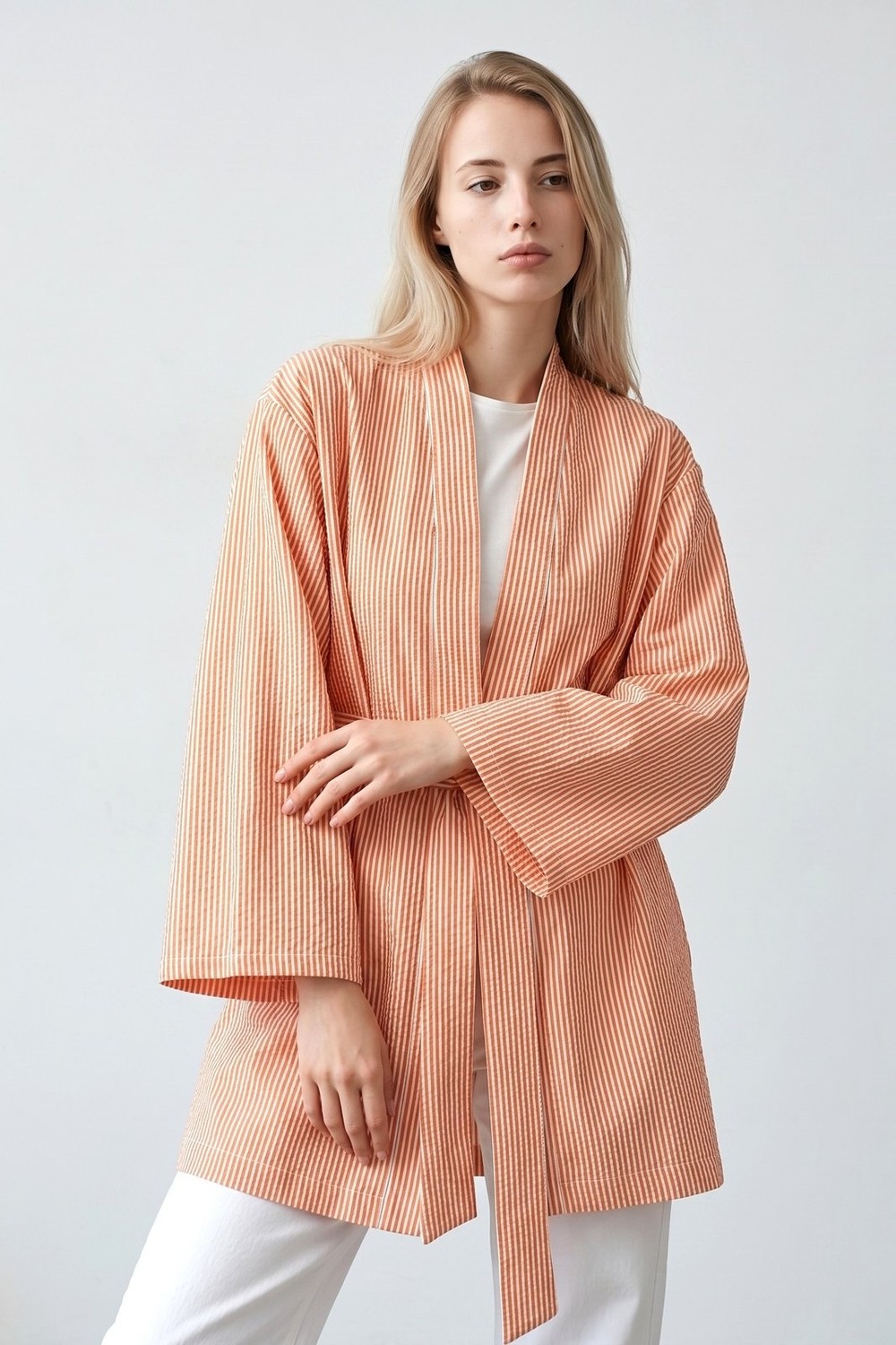 Saade Kırmızı Kadın Dikey Çizgili Geniş Kollu Şık Yazlık Relaxed Kimono görsel 8