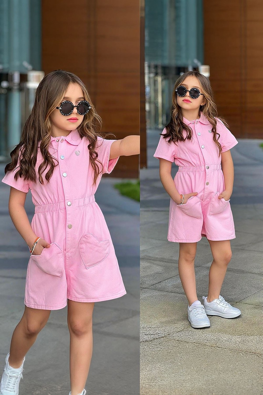 Miniğimin Cicileri Kalp Cepli Kot Şortlu Kız Çocuk Tulum - Pembe görsel 2