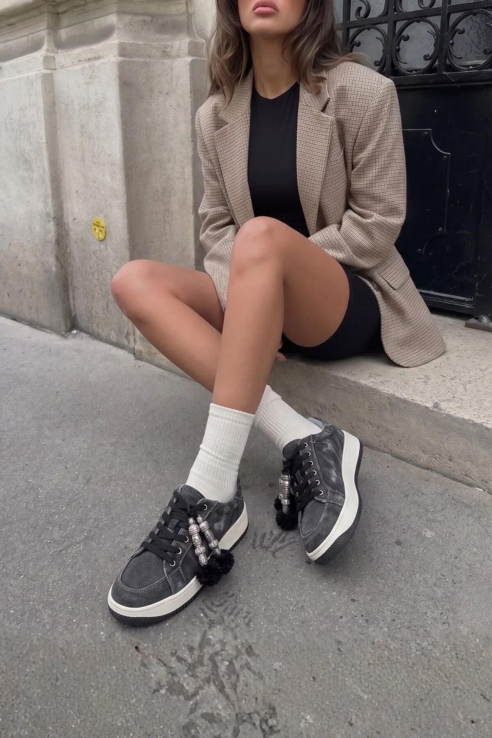 Marjin Kadın Sneaker Kalın Taban Denim Çıkarılabilir Boncuklu Tokalı Spor Ayakkabı Porento Siyah Kot görsel 7