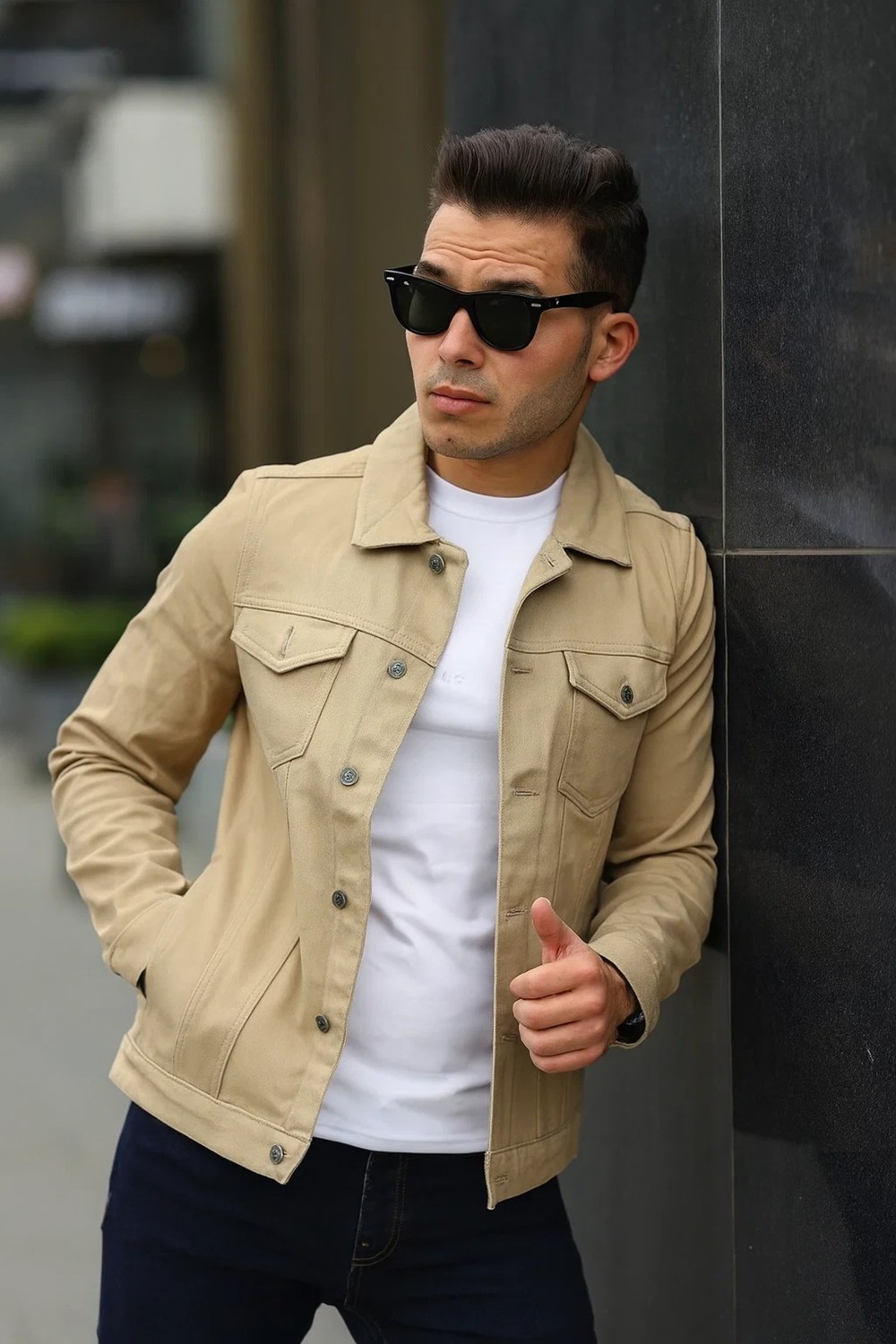 Comstar Erkek Trend Polo Yaka Slim Fit Denim Jeans Bej Kot Ceket görsel 4