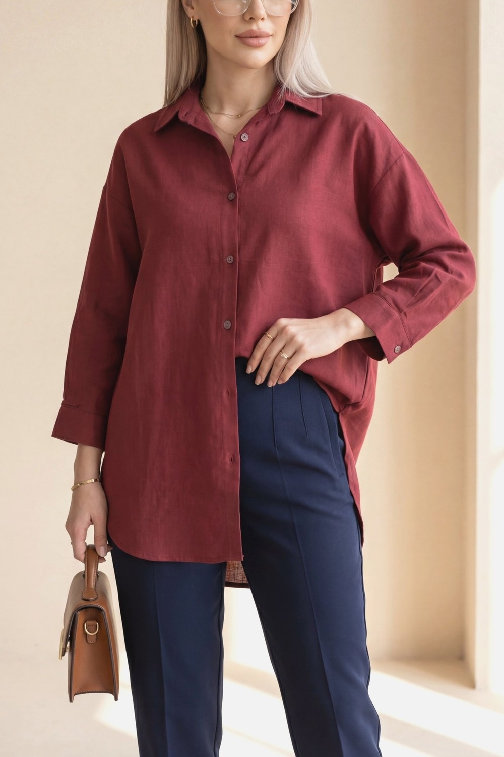 Moda Morfo Düğmeli Keten Gömlek -Bordo görsel 3