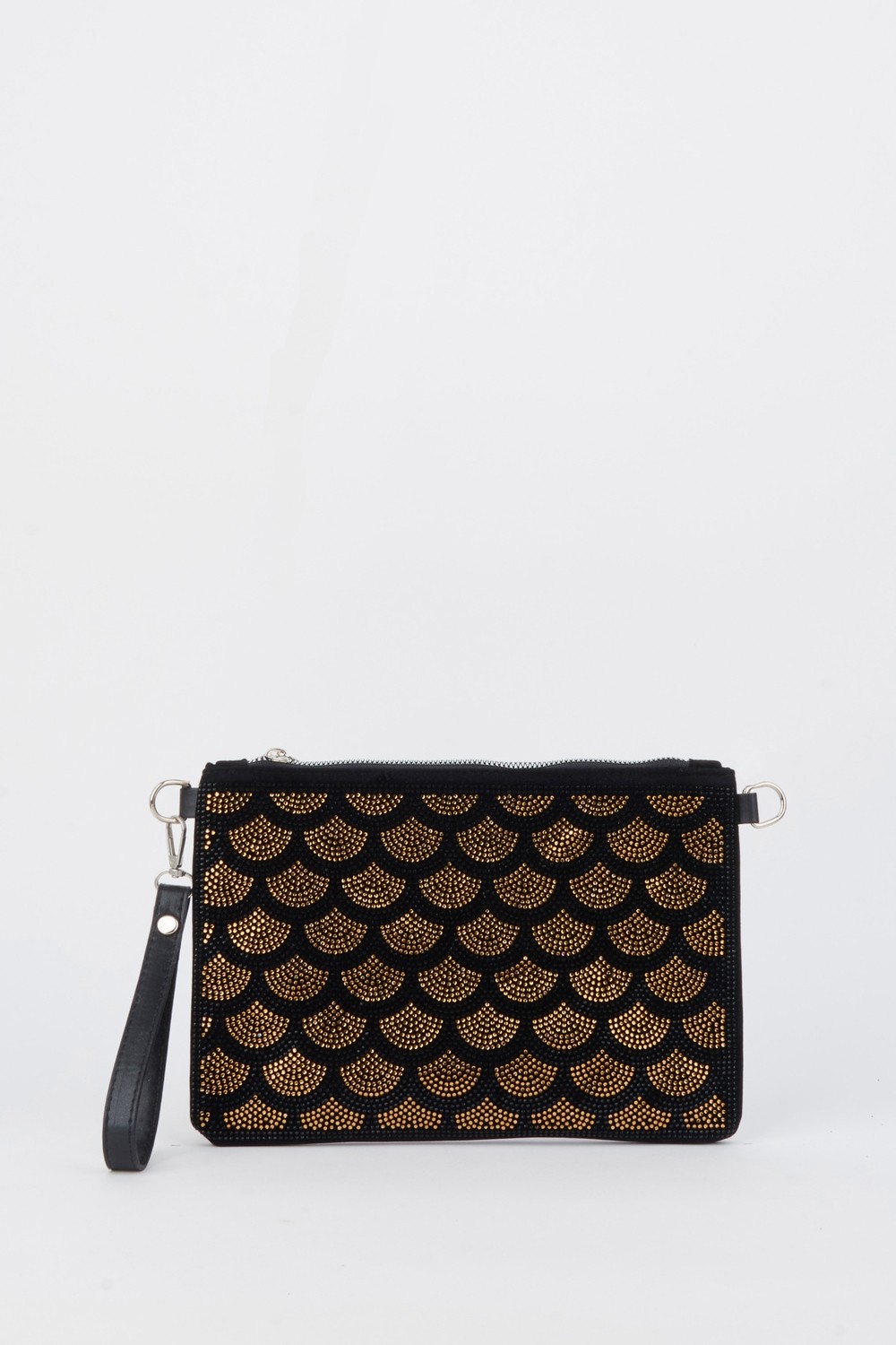 Vivaq Kadın Yelpazer Altın Taşlı Süet Bilek Askılı ve Zincir Askılı Portföy El ve Clutch Çanta